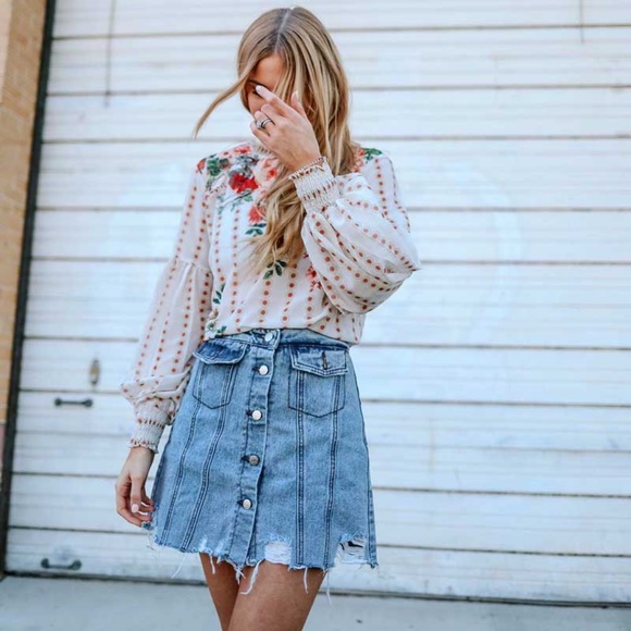 Floral Print dot Balloon Sleeve Cream Boho Blouse - Picture 11 of 13